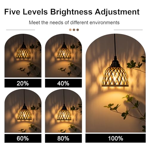 2 Pack Bamboo Chandelier/Dimmer, Waterproof Outdoor Pendant Light for Patio/Gazebo, Hand-Woven Boho Style, Battery Operated (No Wiring)