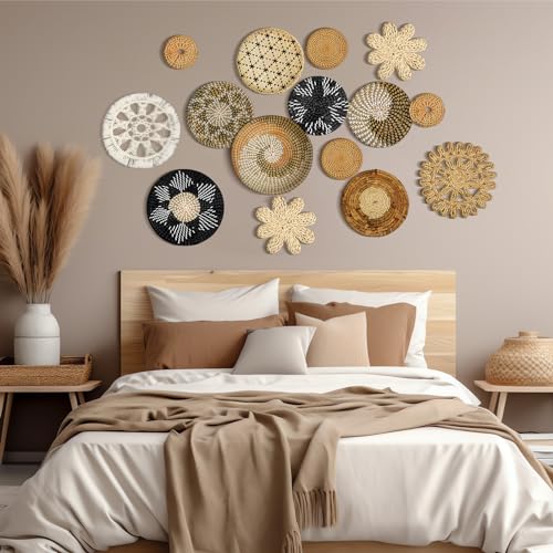 Xuhal 15 Pcs Boho Wall Basket Decor Handcrafted Seagrass Woven Wall Basket Rustic Round Woven Hanging Art for Home Farmhouse Kitchen Table Living Room(Stylish Style) - style: Stylish Style