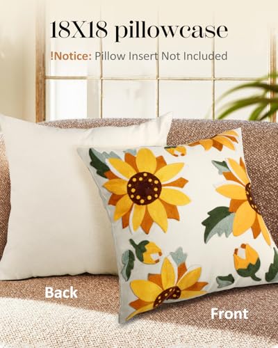 Embroidered Throw Pillow Cover - 18x18 Decorative Pillow Cover with Zipper Aesthetic Cute Design Boho Spring Summer Throw Pillowcase for Living Room Couch Sofa Bed, Sunflower - color: Sunflower, size: 18" x 18" (Pack of 1)
