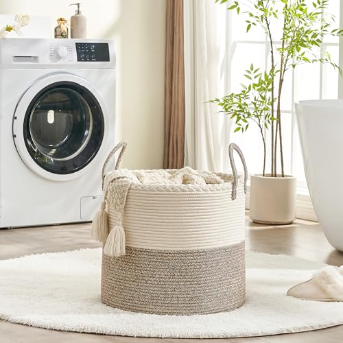 KAKAMAY Large Blanket Basket (18"x18"x16"),Woven Baby Laundry Hamper for Storage, Cotton Rope Blankets Baskets for Nursery, Laundry, Living Room, Pillows, Baby Toy chest with Handles (White/Beige) - color: Beige