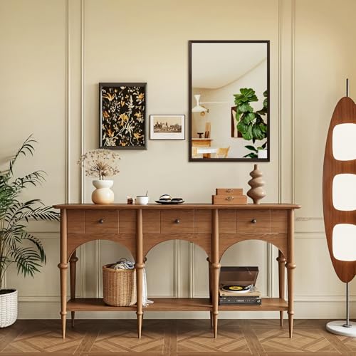 Walnut Wood Bathroom Mirrors for Wall Mounted, 36" x 24" Rectangle Rustic Wood Framed Wall Mirror, Decorative Farmhouse Mirror for Bathroom, Bedroom, Entryway, Horizontally/Vertically - color: Walnut, size: 36"L x 24"W