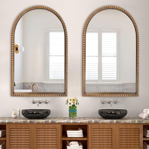 ironsmithn Gold Arched Mirror, 24"x40" Beaded Frame Arch Mirrors, Marlowe Decorative Accent Mirrors for Fireplace Bedroom Bathroom Living Room Entryway - size: 40"L x 24"W