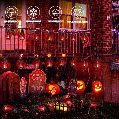 iBaycon Solar Halloween Lights, 27Ft 10 LED Bulbs Flickering Flame String Light, Outdoor Waterproof Solar Flame Lights for Garden Yard Patio Halloween Decorations (Red) - color: Red, size: 27FT