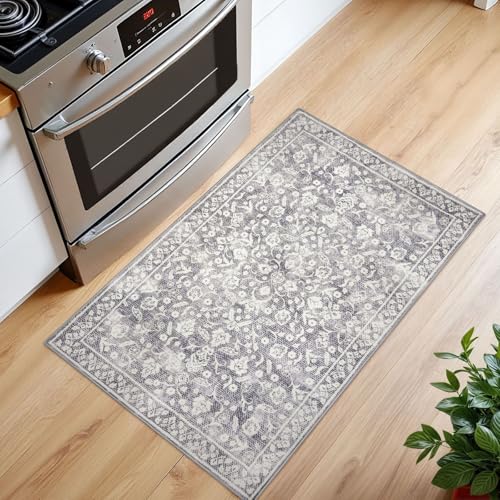 Vintage Entryway Rug, Gray Ivory 2x3 Washable Non-Slip Carpet, Soft Thin Faux Wool Small Area Rug for Front Door, Kitchen, Bedroom, Foyer - color: Gray Ivory 01, size: 2' x 3' (Rectangular)