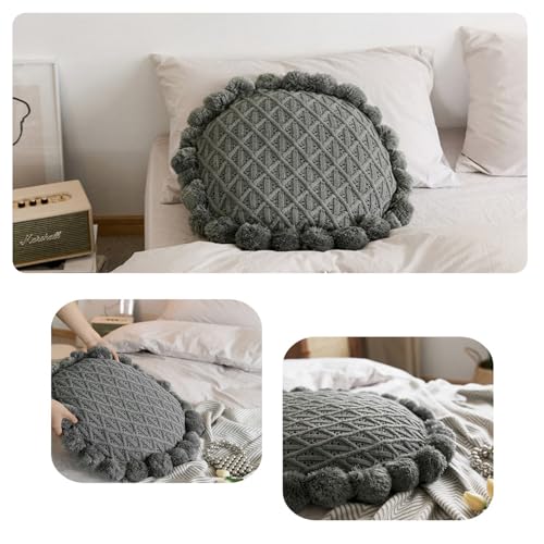 Byitre Bohemian Round Pillow 20 Inch | 100% Cotton Decorative Pillow Hand Tufted with Chunky Textured Poms | Boho Throw Pillow for Bed or Couch | Natural Grey Throw Pillow - color: Lattice Grey