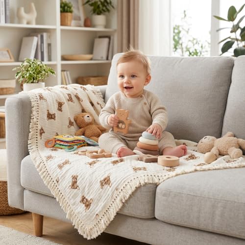 Little Jump Cotton Muslin Swaddle Blankets with Tassel, Boho Bohimia Muslin Baby Blanket Neutral with Fringe, Vintage Teddy Bear Nursery Decor Muslin Throw Blanket 47" x40" (Teddy Bears) - color: Teddy Bears