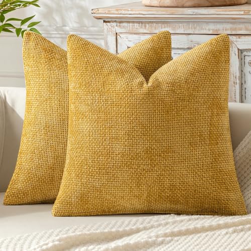 MIULEE Pack of 2 Gold Throw Pillow Covers 18x18 Inch Mustard Yellow Summer Modern Boho Accent Decorative Pillow Covers Soft Chenille Farmhouse Cushion Covers for Home Decor Couch Bed Sofa Living Room - color: Gold, size: 18" x 18" (Pack of 2)