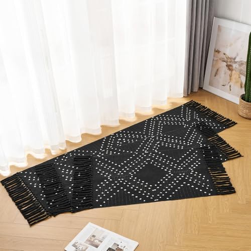 2x6ft Runner Rug, Black Washable Rug for Hallway Non Slip, Boho Kitchen Bathroom Runner for Bedroom with Tassels - size: 2' x 6' (Runner)