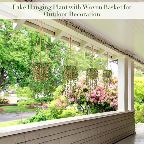 Giegxin Summer Mini Hanging Artificial Plant with Woven Basket Boho Fake Plants Ivy Faux Vines Eucalyptus Leaf for Indoor Home Wall Shelf Decor(6 Set,Green,Hanging Plant Basket) - size: Hanging Plant Basket