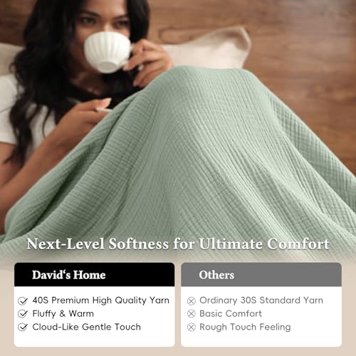 David's Home 100% Cotton Muslin Throw Blanket for College Dorm, 4-Layer Soft Breathable Lightweight Cozy Throw Guaze for Hot Sleepers, 3D Bubble Room Decor for Bed, Giftable, Sage Creen, 50"x70" - color: Sage Green, size: Throw XL(50x70")