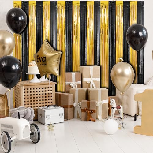 Crosize 2 Pack 3.3 x 9.9 ft Gold and Black Foil Fringe Curtains Party Decorations, Gold Tinsel Curtain Backdrop for Parties, Door Streamers, Glitter Streamer Fringe Backdrop for Birthday Decoration - color: Gold and Black, size: 2 Pack