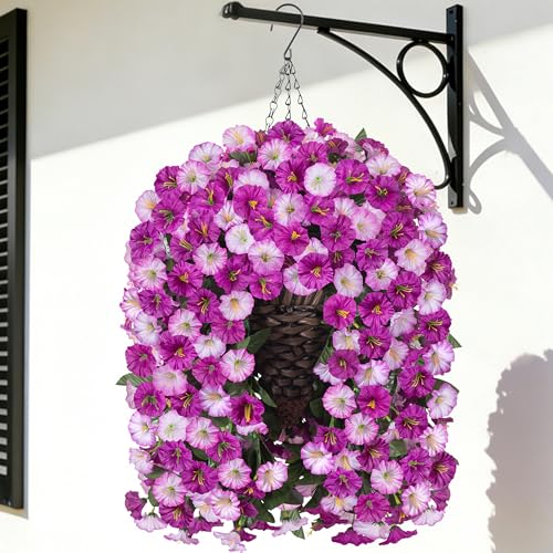Artificial Fake Flowers Plants Hanging Baskets Outdoor Outside Spring Decor, Faux Silk Light Fuchsia and Fuchsia UV Resistant Look Real Morning Glory Home Patio Porch Balcony Decoration - color: Light Fuchsia+fuchsia