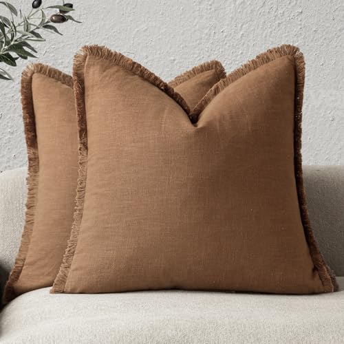 Foindtower Set of 2 Decorative Linen Fringe Throw Pillow Covers Cozy Boho Farmhouse Cushion Cover with Tassels Soft Accent Pillowcase for Couch Sofa Bed Living Room Home Decor,16×16 Inch,Orange Brown - color: Hazel, size: 16" x 16" (Pack of 2)