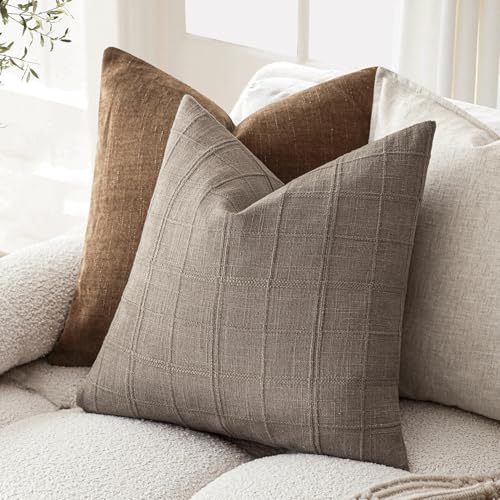 Foindtower Set of 1 Decorative Linen Check Throw Pillow Cover Neutral Farmhouse Vintage Cushion Cover Modern Boho Home Decor for Sofa Chair Couch Bedroom Living Room Outdoor,16×16 Inch,Tan Taupe - color: Savannah Tan, size: 16" x 16" (Pack of 1)
