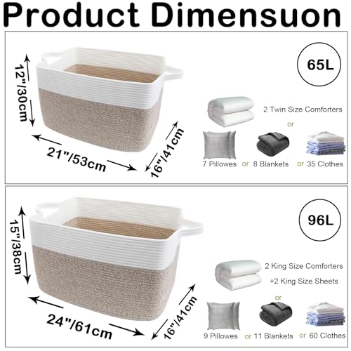 96L Large Blanket Basket,24"x16"x15"Rectangle Storage Bin with Handles,Woven Rope Laundry Basket for Toys, Clothes,Magazines,Home Organization,Nursery,Living Room & Bedroom,White & Brown - color: White & Brown, size: 24"x16"x15"(96L)