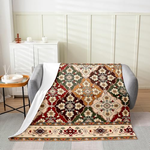 Erosebridal Boho Floral Blanket Queen Inch, Retro Flower Grid Throw Blanket, Tribal Fashion Bohemian Tribal Lacy Fleece Blanket, Kids Vintage Antique Lattice Damask Paisley Flannel Blanket - color: Multi 03, size: Queen
