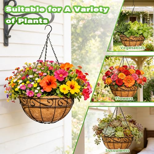 2 Pack 12 Inch Metal Outdoor Hanging Baskets Black Heavy Duty Hanging Planters with Coco Liners for Indoor Outdoor Plants Gardens Patios Terraces（Lace） - color: Lace