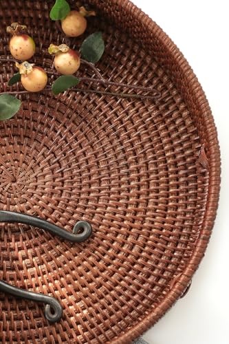 HITOMEN Hand-Woven Round Rattan Serving Tray Decorative Ottoman Wicker Platter with Handles for Coffee Table, Breakfast, Drinks, Snack, Bread, Fruit, Vegetables (Brown Set of 2: M+L) - color: Brown, size: Medium (11.8 inches)/Large (14.2 inches)