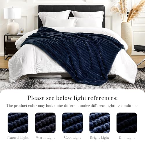 Amélie Home Faux Fur Throw Blanket for Couch, Cozy Fuzzy Fluffy Fur Luxurious Soft Striped Plush Gift Blankets for Family Sofa Chair Bedroom, 55"x70", Navy Blue - color: Striped Navy Blue, size: Throw(55"x70")