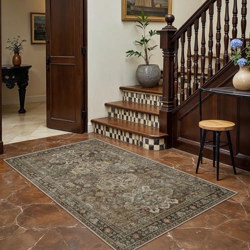 Bavni 3x4 Area Rug for Living Room Bedroom, Washable Boho Print Vintage Aesthetic Rug, Ultra-Thin Low Pile Rugs for Entryway Playroom with Non Slip Backing, Brown - color: Brown, size: 3' x 4' (Rectangular)