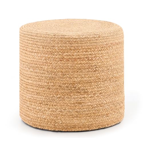 Handwoven Ottoman Pouf, Natural Water Hyacinth Footstool, Round Braided Outdoor Seat with Sturdy Frame, Boho Accent Stool for Patio, Balcony, or Garden (Natural) - color: Natural, size: 17.7"D x 17.7"W x 15.7"H