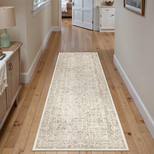 PureCozy Light Brown Runner Rug 2x5 Hallway Machine Washable Kitchen Vintage Distressed Non Slip Long Carpet Indoor Retro Floral Bedroom Accent Throw Rug for Bathroom Office Laundry Dining Room - color: Accent | Light Brown, size: 2' x 5' (Runner)