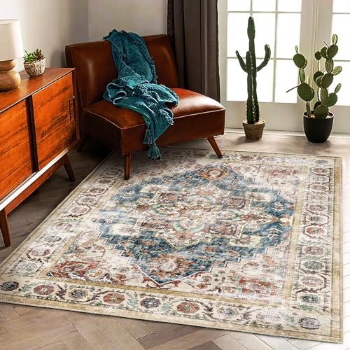 CHAMPLANT Washable Area Rug 5'x7' for Living Room Retro Beige Blue Boho Chic Medallion Distressed Design Indoor Non-Slip Large Persian Oriental Accent Throw Rug for Kitchen Bedroom Office Carpet - color: Beige and Blue, size: 5' x 7' (Rectangular)