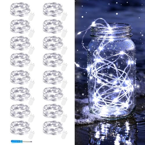 VOOKRY 16 Pack 10 ft 30 LEDs Fairy Lights Battery Operated, Waterproof Silver Wire Mini String Lights, Firefly Starry Moon Lights for Jars DIY Wedding Party Bedroom Patio Christmas Decor(Cool White) - color: Cool White, size: 16 Pack