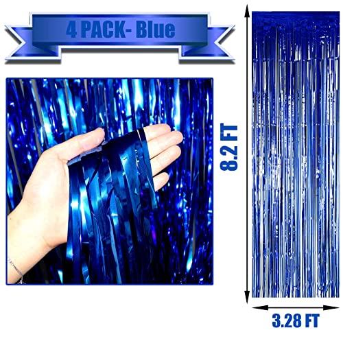 4 Pack Blue Foil Fringe Curtain Backdrop, 3.28Ftx8.2Ft Metallic Tinsel Streamers for Sea Party, Photo Booth Props, Birthday, 2022 Summer Ocean Theme Party Decoration Supplies - color: Blue