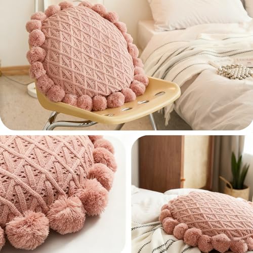 Byitre Bohemian Round Pillow 20 Inch | 100% Cotton Decorative Pillow Hand Tufted with Chunky Textured Poms | Boho Throw Pillow for Bed or Couch | Natural Pink Throw Pillow - color: Lattice Pink