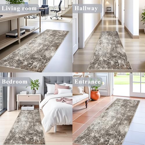 2x6 Runner Rug Non-Slip Washable for Kitchen Hallway - Modern Abstract Neutral Carpet Runner for Bedroom Bedside Laundry Room Entryway – Soft Low-Pile Stain-Resistant (Brown Beige, 2x6) - color: Brown Beige, size: 2' x 6' (Rectangular)