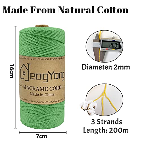 JeogYong Macrame Cord 2mm x 218 Yards, 3-Strand Twisted Natural Cotton Rope, Cotton String Coloured Craft Cord for Plant Hanger Wall Hanging Knitting Crafts, Green Color - color: Green