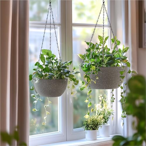 T4U Hanging Planters for Indoor Outdoor Plants 2 Pack - 12 Inch Grey Hanging Plant Basket with Drainage Hole, Round Hanging Flower Plant Pot for Garden Home Decor(Grey) - color: Gray, size: 12 In