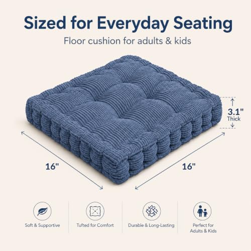 ChezMax Floor Pillow & Cushion, Large Meditation Chair Cushions, Thick Square Seat Pad, Soft Velvet Tufted Seating Pouf for Indoor/Outdoor Yoga Bench Rocking Chair Room Tatami Sofa, Dark Blue 16"x16" - color: Dark Blue S