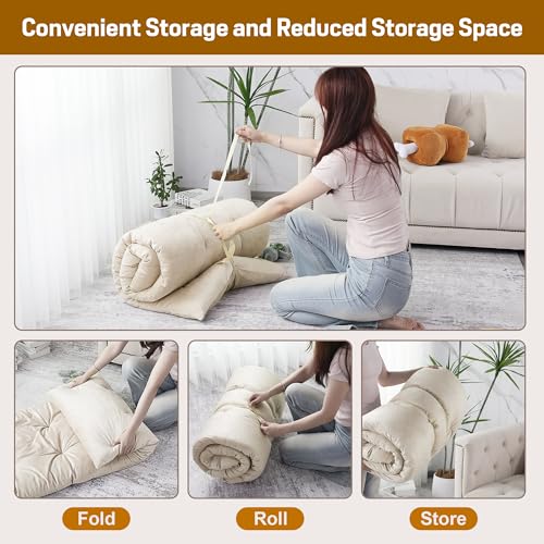 BALAPET Floor Lounger Pillow,Foldable Light Thick Tufted Floor Pillow Cushion with Elasticized Webbing for Easy Storage Floor Lounger for Meditation, Playing, Yoga, Reading, Sleeping(Beige White) - color: Beige White