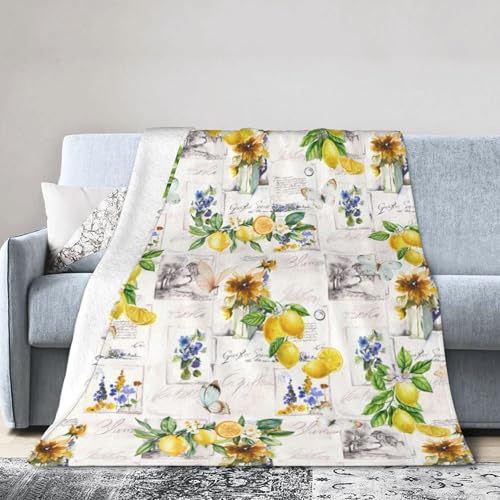 Lemon Throw Blanket for Couch Chair Sofa Bed, Flannel Soft Watercolor Summer Fruits Floral Butterfly Vintage Blanket for Bedroom Living Room Car, Warm Cozy Farmhouse Blankets for All Season 30"x 40" - color: Lemon06, size: 30X40 inch