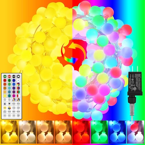 OMIKA Color Changing String Lights Plug in, 25 Colors 33FT 100LED RGB+Warm White Globe String Lights, Outdoor Christmas Globe Decorative Lights with Remote for Indoor Bedroom Party Garden Xmas Decor - color: Color Changing, size: 33ft 100LED