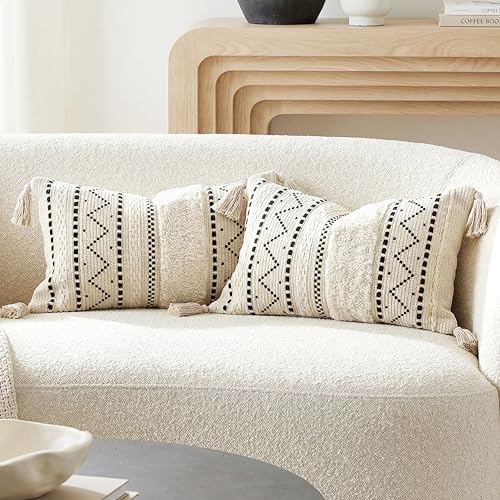 BlissBlush Decorative Lumbar Throw Pillow Covers 12x20 Combo Set of 2 Rectangular Boho Accent Pillowcase Black Neutral Farmhouse Cushion for Couch Sofa Bedroom Living Home Décor Cover ONLY - color: Black, size: 20" x 12" (Pack of 2)