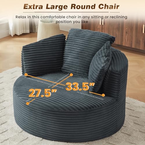 48"W Oversized Round Chaise Longue Chair Indoor,Corduroy Fluffy Comfy Cloud Chair,Circle Bean Bag Sofa with Foam Filling & Pillows,Boneless Reading Cozy Sofa Chairs for Living Room,Bedroom,Dark Grey - color: Dark Grey