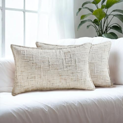 HAUSSY Pack of 2 Lumbar Pillow Covers 12x20 Inch, Reversible Chenille Decorative Throw Pillows Farmhouse Boho Neutral Cushion Covers Home Decor Soft Pillowcases for Couch Living Room Sofa Bed, Cream - color: Cream, size: 20" x 12" (Pack of 2)