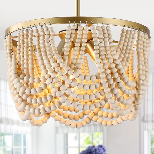 Bohemia Wood Beaded Chandelier, 3-Light Boho Light Fixture, 12.6inch Boho Chandelier Light Fixtures for Dining Room, Bedroom, Living Room, Nursery, Girl Room, Hallway and Entryway, Adjustable Chain - color: Oak-12.6INCH