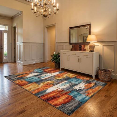 3x5 Area Rug for Living Room,Modern Abstract Burnt Orange Rug,Terracotta and Teal Brushstroke,Washable Rug,Non Slip, for Entryway, Kitchen, Laundry Room, Bathroom - color: Burn Orange, size: 3' x 5' (Rectangular)