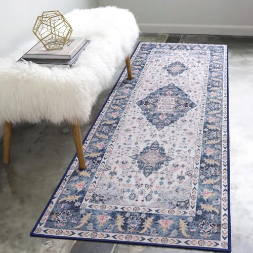 Amearea Vintage Design Runner Rugs for Living Room, 2x6 Machine Washable Floral Collection Traditional Bedroom Rug, Low Pile Cute Kids Room Print Carpet, No Slip Office Kitchen Home Decor, Blue - color: Blue, size: 2' X 6' (Runner)