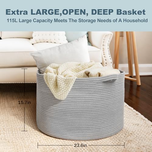 MEGASKET 115L Super Large Gray Blanket Basket, 23.6"x15.7" Woven Cotton Rope Storage Basket for Laundry, Towel, Pillow, Oversized Kids Dog Toy Storage Bin, Grey XXXL Blanket Holder for Living Room - color: Gray, size: 23.6"x23.6"x15.7"
