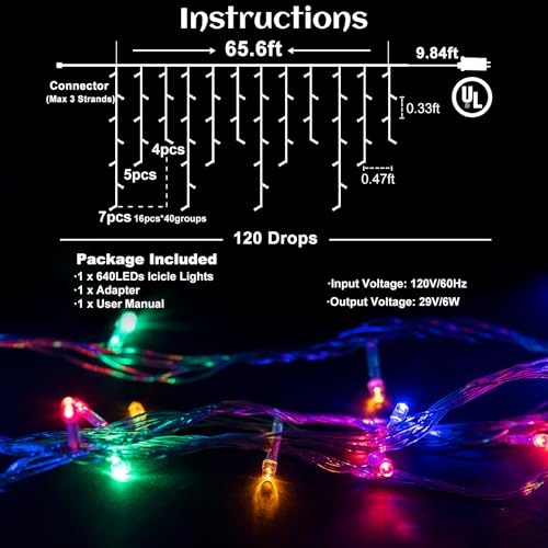 Icicle lights Outdoor - 66ft Christmas Lights with 640LED 120 Drops 8 Modes, Plug in Curtain String Lights Waterproof for Holiday Wedding Party Home Garden Bedroom Indoor Outdoor Decoration,Multicolor - color: Multicolor, size: 640LED/66ft