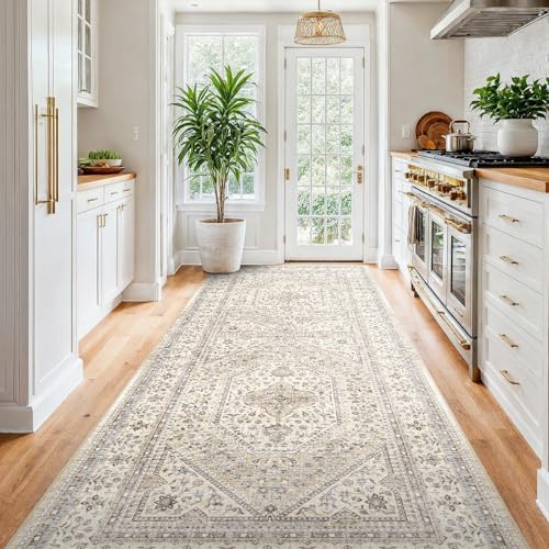 4x8 Runner Rug for Hallway Washable: Non Slip Kitchen Rugs with Rubber Backing Soft Waterproof Wide Mats Stain Resistant Low Pile Carpet for Entryway Bedroom Bathroom Laundry Home Decor Beige/Gray - color: Beige/Gray, size: 4' x 8' (Rectangular)