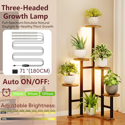 Yzosvki Corner Plant Stand Indoor with Grow Lights, 6 Tiered Corner Plant Shelf Flower Stand for Multiple Plants, Plant Shelves Organizer Rack for Living Room, Balcony, Patio, Round Rustic Brown - color: Round-Rustic Brown(with Lights), size: 6 Tier