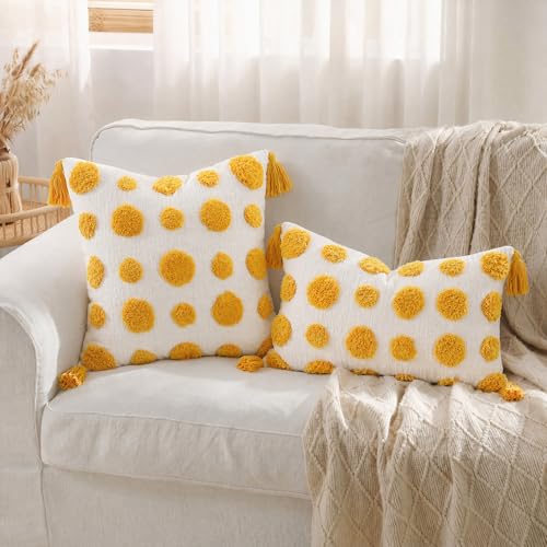 PANOD Super Soft Farmhouse Decorative Plush Throw Pillow Covers 12 x 20 Yellow,Solid Pom pom Tufted with Tassels Modern Accent Boho Lumbar Cushion Cover Pillow Case for Couch Sofa - color: Yellow, size: 20" x 12" (Pack of 1)