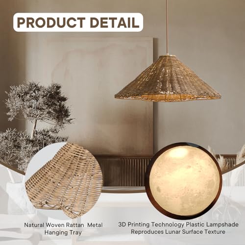 19” Rattan Chandelier Light Fixture, Boho Chandeliers Hand Woven Wicker Pendant Light, Vintage Chandelier for Dining Room, Rustic Hanging Lighting for Kitchen Island, Foyer - size: 19 inch