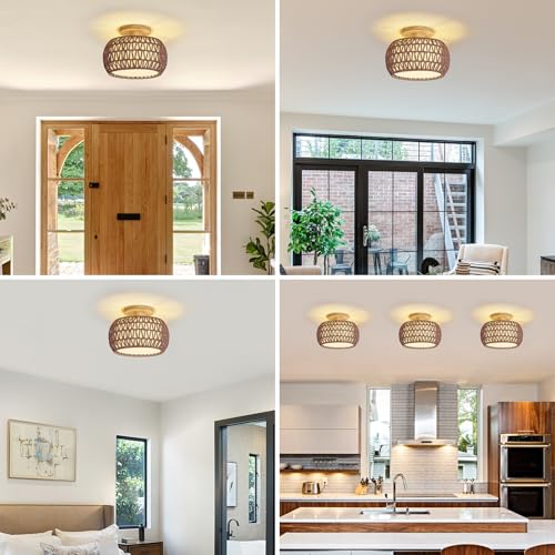 Boho Rattan Ceiling Light Fixture - 3 Style Options Wicker Semi Flush Mount Ceiling Lights,Brown Coastal Light Fixtures,Bohemian Woven Basket Chandelier for Hallway Bedroom Nursery Kitchen Laundry - color: Brown